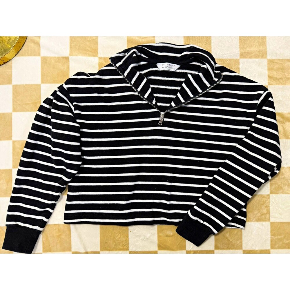 Primark Women’s Black/White Striped Mock Neck 1/4 Zip Top XS Regular